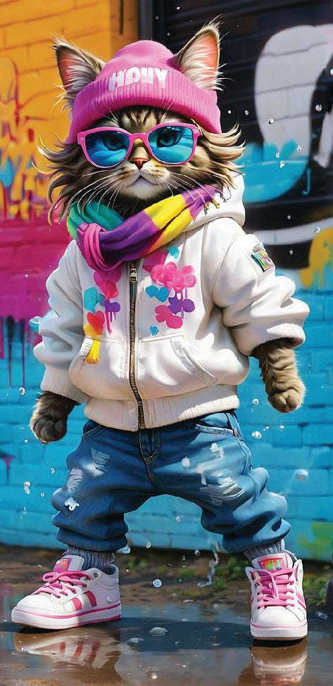 Cat in cardigan and hat